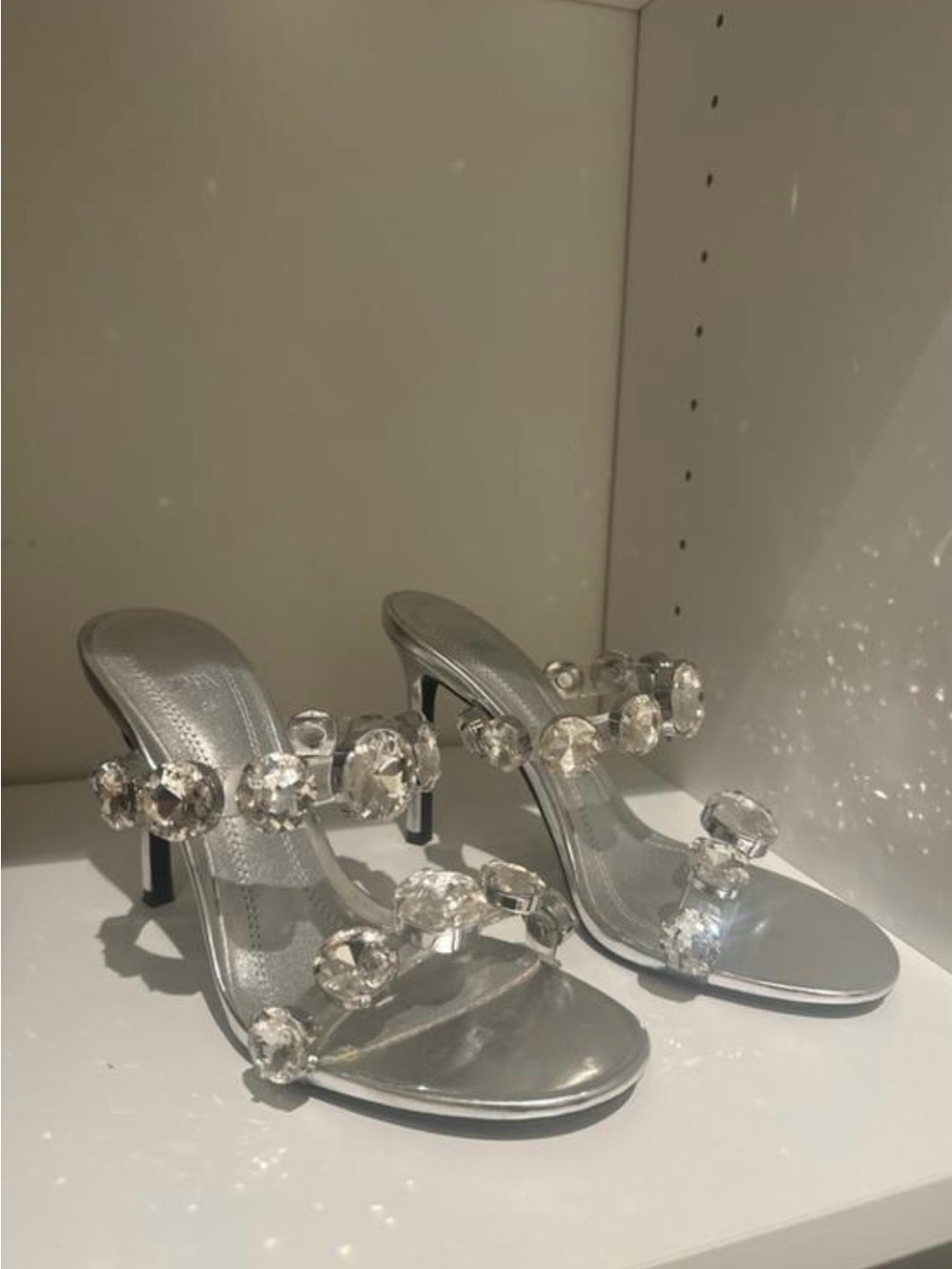 Zara Silver Crystal-Strap Heeled Sandals